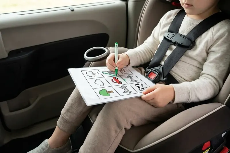 An AI concept illustration of a child seated securely in a car safety seat holding a lightweight, flexible laminated picture bingo card on their lap.