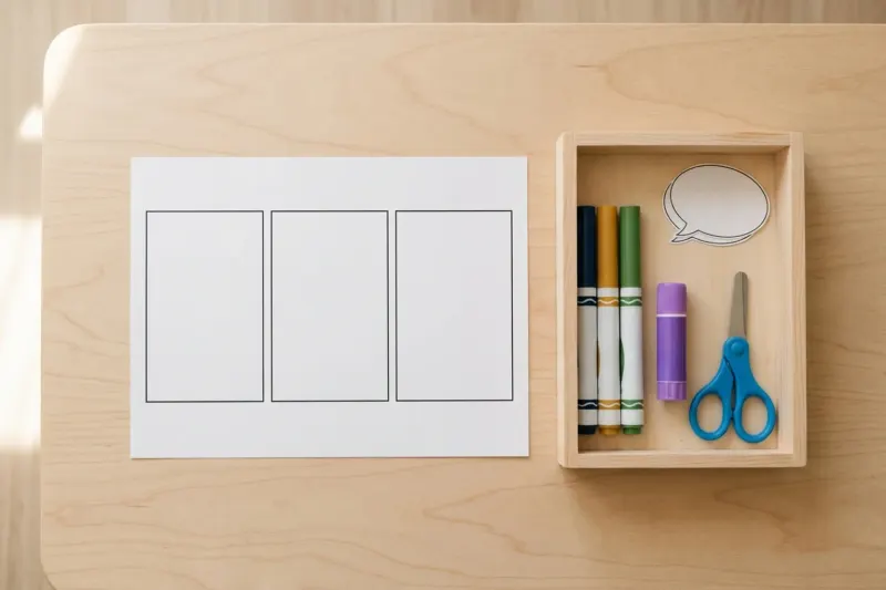 AI concept illustration of a three-panel printable comic sheet, broad markers, paper speech bubbles, and blunt safety scissors on a wooden desk.
