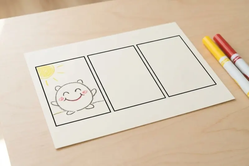 AI concept illustration of a three-panel story template with one illustrated character panel and two blank frames.