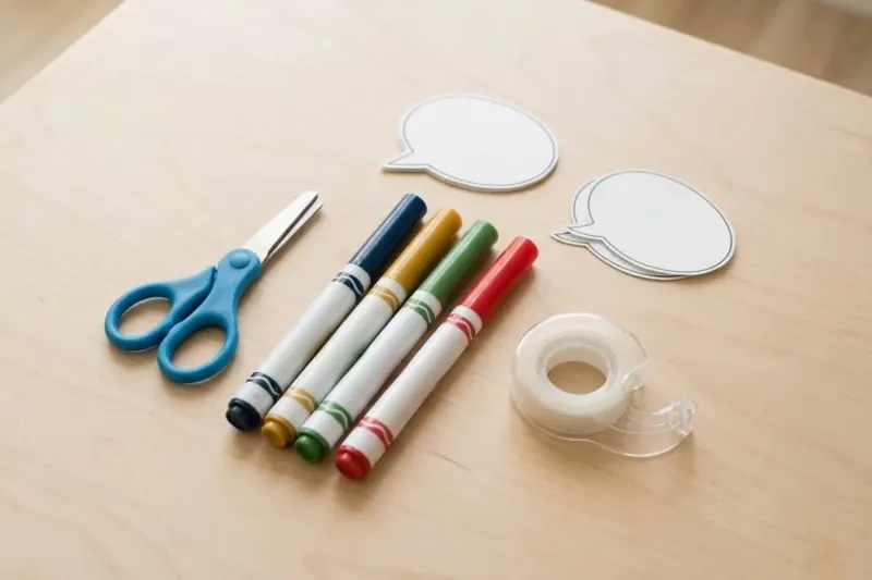 AI concept illustration of preschool safety scissors, washable markers, and blank paper speech bubbles.