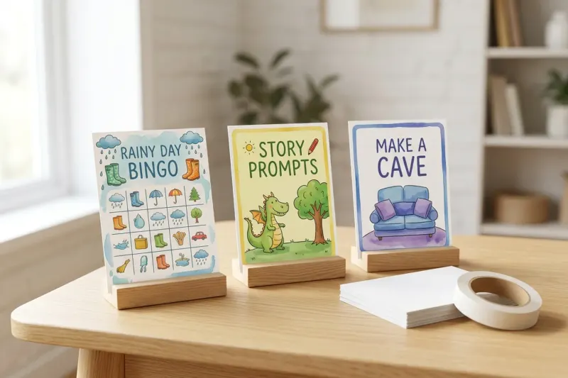 An AI concept illustration of printed indoor activity cards displayed on a wooden surface.