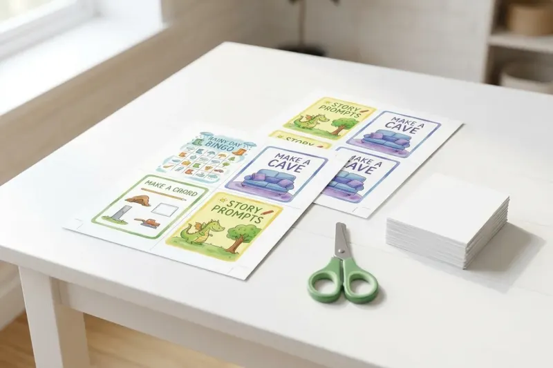 An AI concept illustration of printed paper activity cards and rounded-tip scissors on a tidy wooden table.