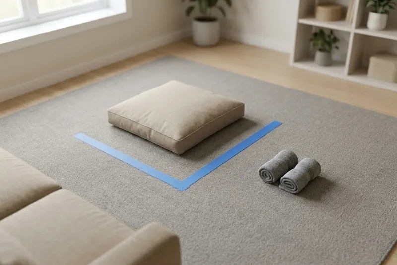 An AI concept illustration of a clear indoor floor area with soft rolled socks, low-tack tape, and cushions.