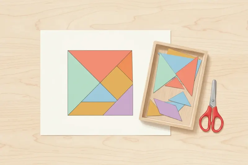 AI concept illustration of a printable paper tangram matching puzzle set arranged neatly on a wooden table with blunt-tip scissors.