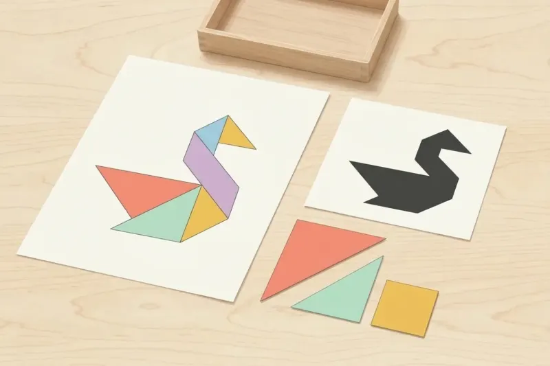 AI concept illustration showing a side-by-side comparison of a tangram puzzle with internal dividing lines next to a solid silhouette puzzle on a wooden table.