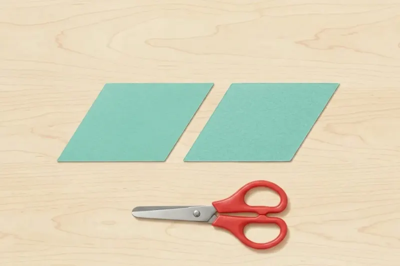 AI concept illustration displaying two double-sided paper tangram parallelograms showing identical color on both sides beside blunt-tip child safety scissors.