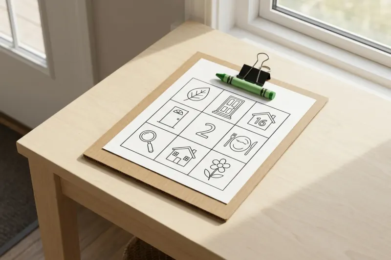 A homemade printable scavenger hunt board made from cardboard, a binder clip, paper, and a clipped crayon on an entryway table.