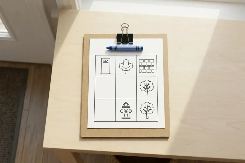 A homemade walk scavenger hunt board made from cardboard, an 8.5 by 11 inch printed grid sheet, a metal binder clip, and a blue crayon on a wooden table.