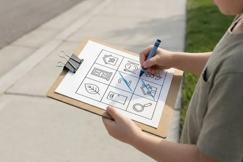 Hands holding a marked scavenger hunt clipboard while standing on the grass-side edge of a residential sidewalk.