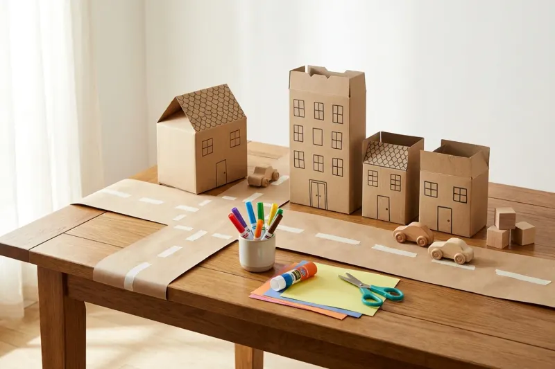 Miniature toy neighborhood built from inside-out kraft paperboard boxes with tape roadways on a craft table.