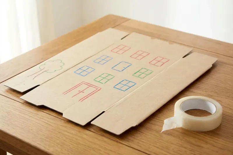 Flattened cardboard cereal box turned inside out with crayon window and door drawings.