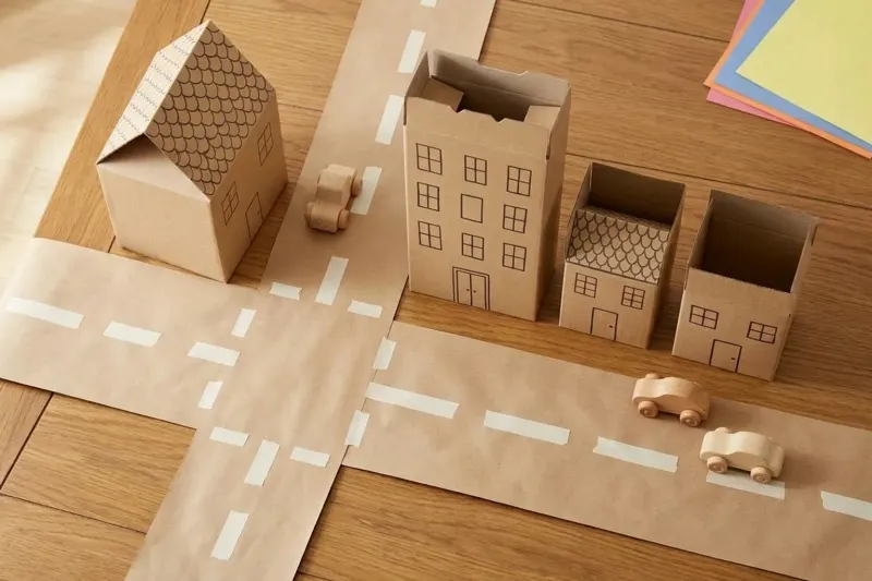 Assembled paperboard box buildings set along masking tape streets on brown paper.