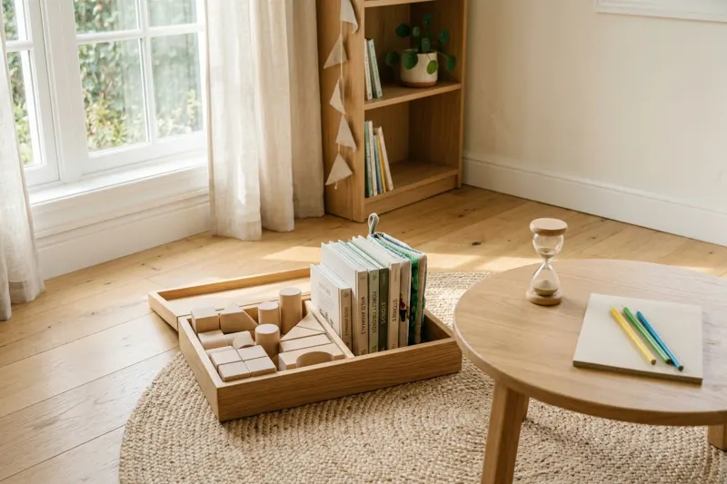 AI concept illustration of a screen-free quiet-time play corner with wooden blocks, books, and an hourglass timer.