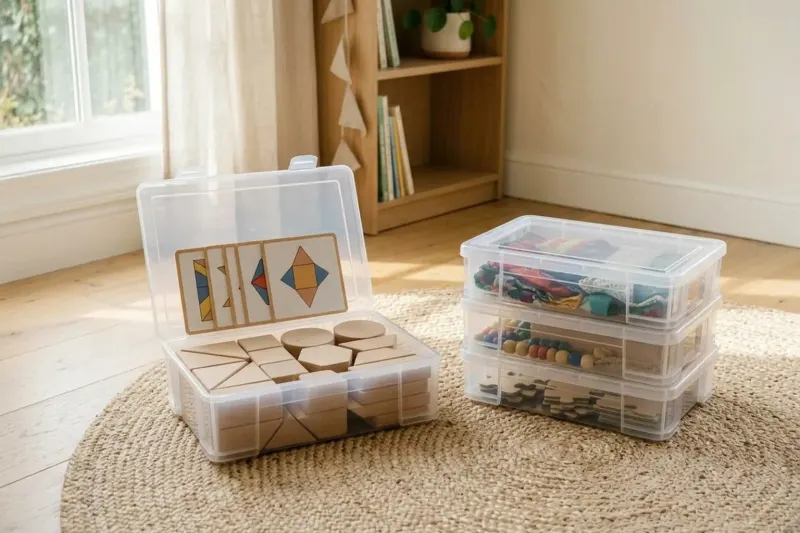 AI concept illustration of a clear quiet-keeper storage box with wooden pattern blocks on a woven floor mat.