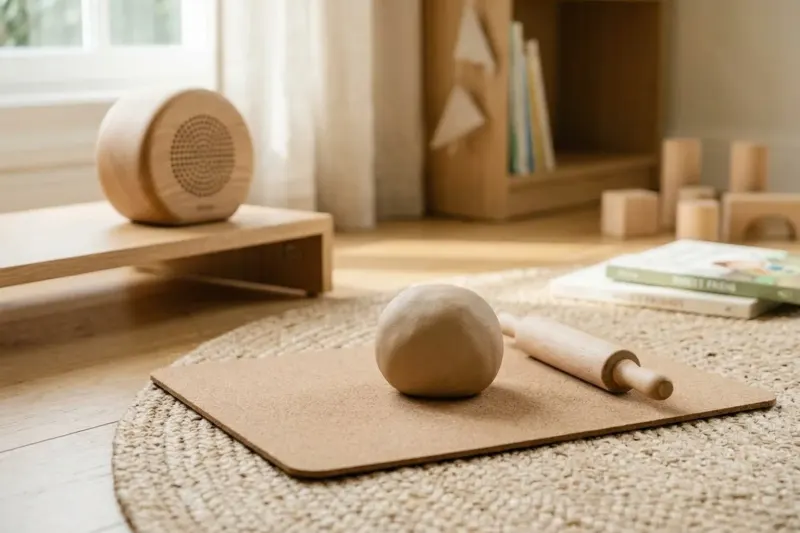 AI concept illustration of a screen-free audio station paired with tactile modeling clay.