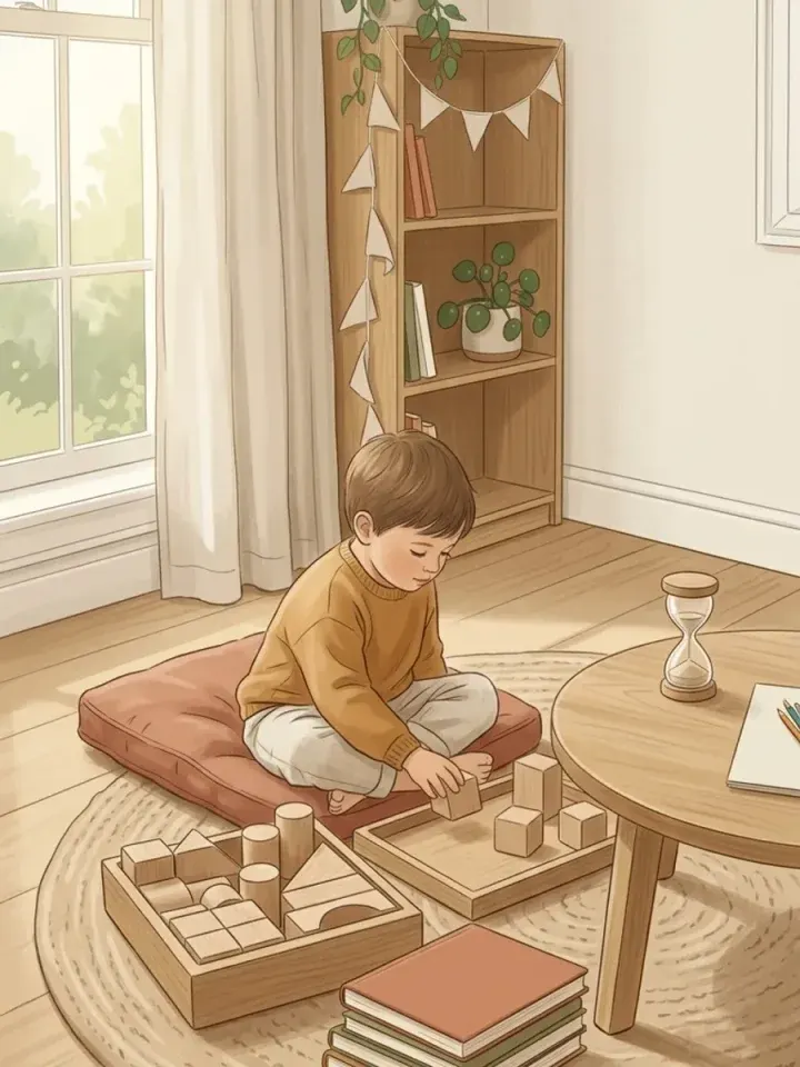AI-generated illustration of a quiet living-room play setting with books and simple materials.