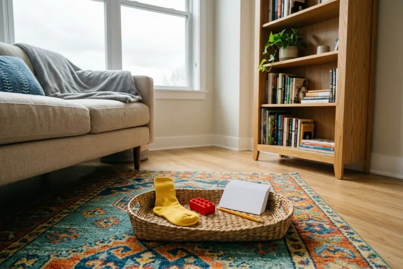 An AI concept illustration of an organized apartment living room prepared for an indoor scavenger hunt.