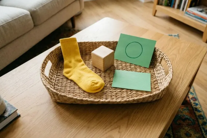 An AI concept illustration showing a collection basket with retrieved sensory hunt objects on a coffee table.