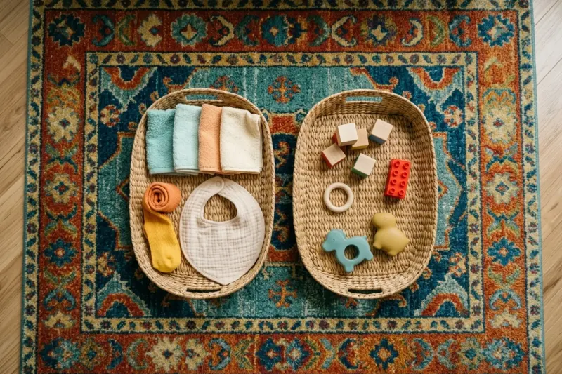 An AI concept illustration depicting two sorting trays used to return scavenger hunt items to their storage spots.