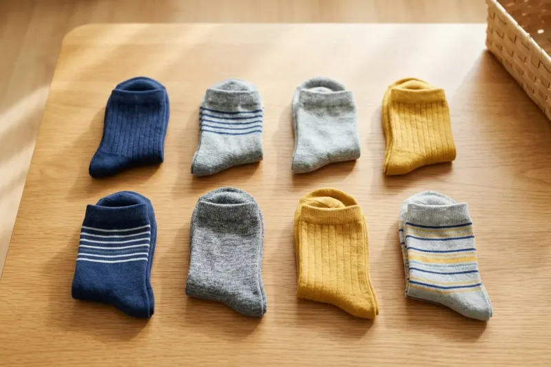 An AI concept illustration of clean cotton socks arranged neatly in pairs on a wooden table.