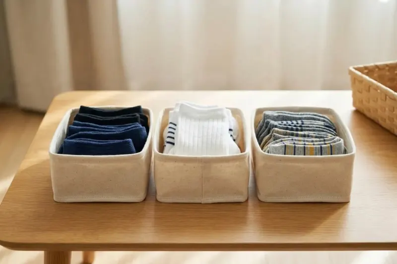 An AI concept illustration of three fabric storage bins holding clean socks sorted by color and pattern.