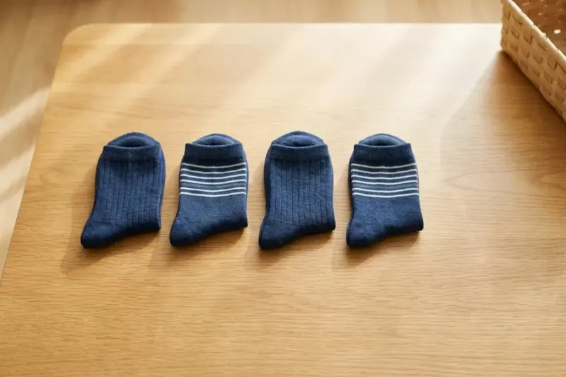 An AI concept illustration showing an alternating sequence of clean socks laid horizontally along a wooden surface.