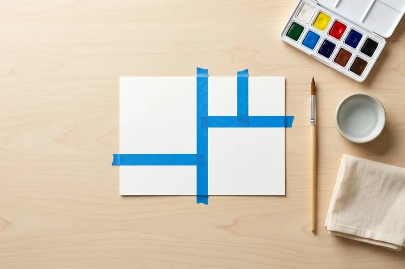 An AI concept illustration of a four-by-six-inch watercolor postcard bordered with blue painter tape on a light craft table.