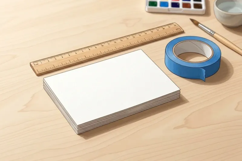 An AI concept illustration of blank four-by-six-inch watercolor postcards and blue painter tape arranged on a wooden craft desk.