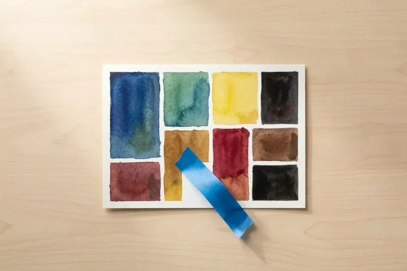 An AI concept illustration showing blue tape pulled back flat at an angle to reveal sharp white resist borders on dry watercolor paper.